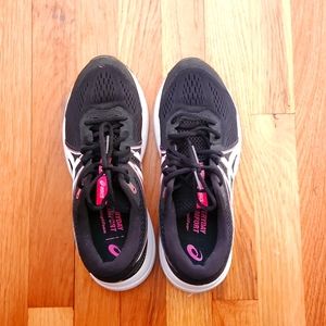 Women's ASICS Sneakers, size 9. Black with pink and white design..